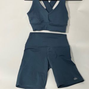 ALO Yoga Biker Shorts and Sports Bra in Blue